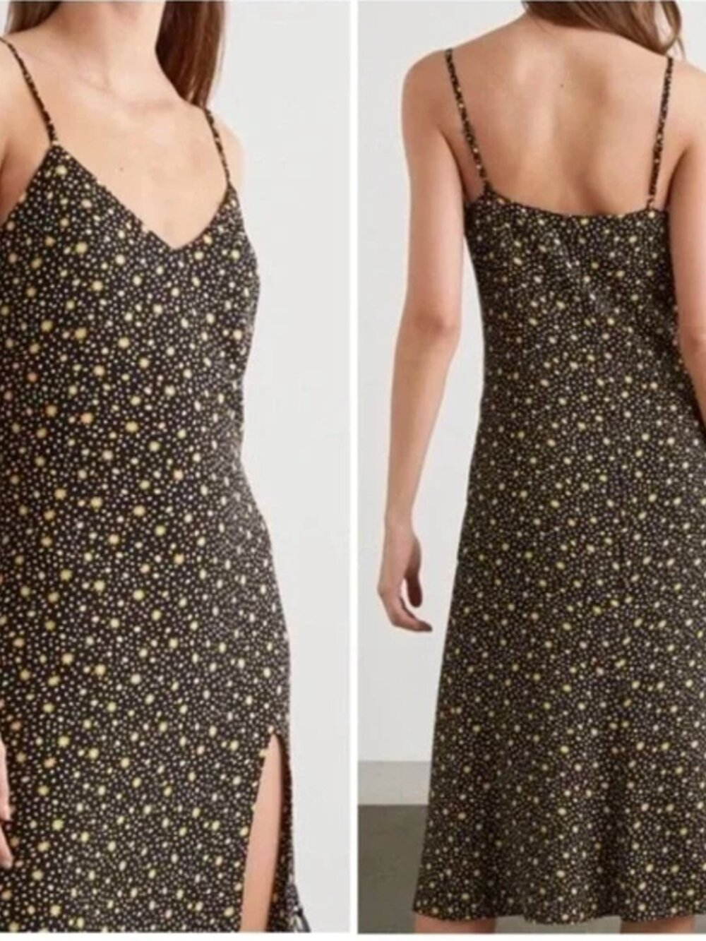 Reformation Cremini Slip Black Midi Dress with Gold Dot Floral Print (Sz 10)